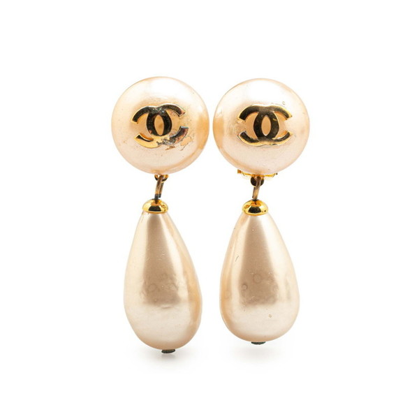 Vintage Chanel Coco Mark faux pearl earrings gold plated for women.